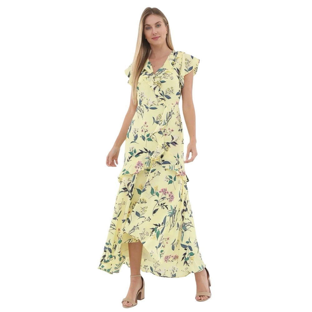 Banana Republic Women Sz 8 Yellow Green Floral Maxi Dress Faux Wrap Ruffle Hi Lo